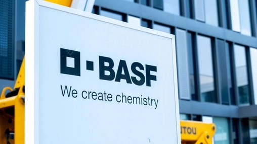 BASF logo and We create chemistry tagline on a white sign in front of a glass-facade commercial building